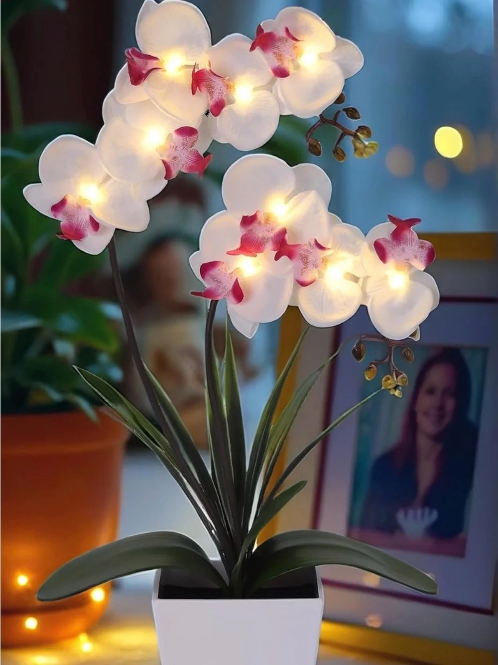 NIB White LED Faux Orchid Arrangement in White Planter 15